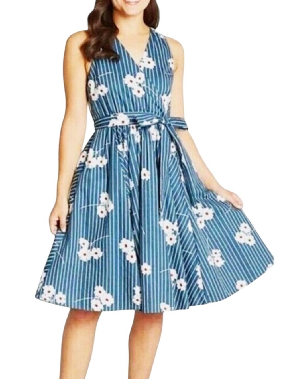 ModCloth Instant Energy Floral Midi Blue Faux Wrap 100% Cotton Dress Pockets